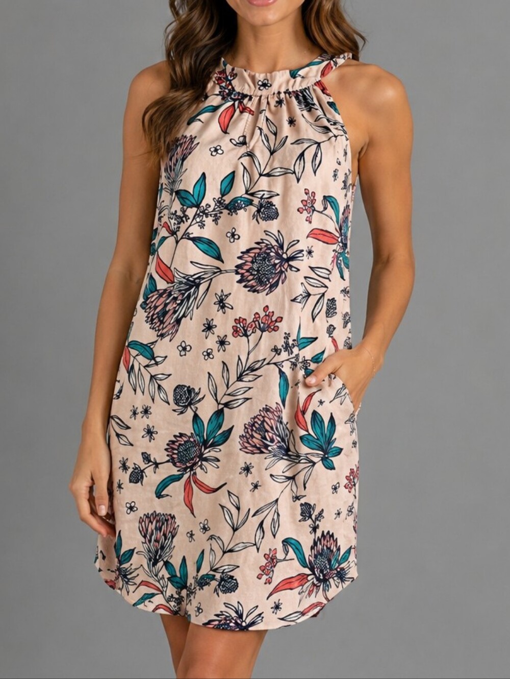 Rachel Ashwell 100% Linen Pale Pink Floral Print Halter Dress SM
